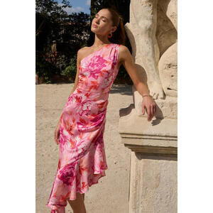 Lulus Divinely Blooming Pink Multi Floral One-shoulder Midi Dress - Size L